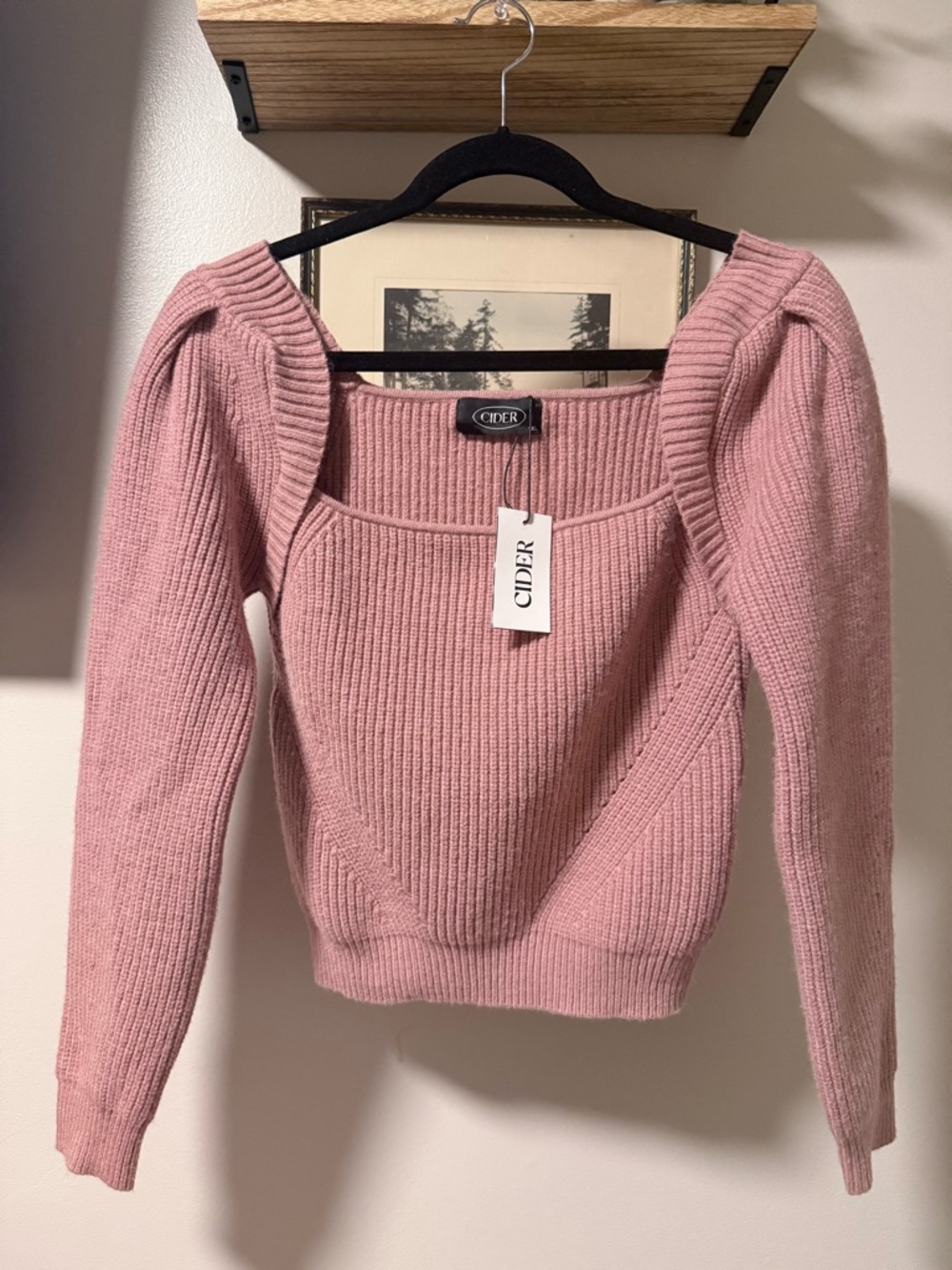 Cider Dusty Pink Ribbed Square-Neck Puff Sleeve Sweater